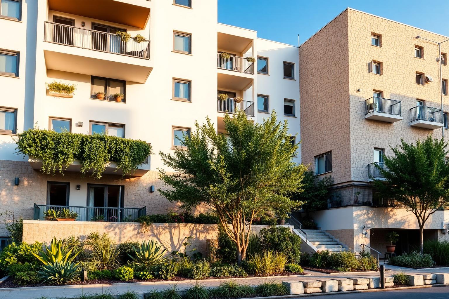 בניין מגורים לאחר תמ״א 38 — חזית עם גינון ומרפסות